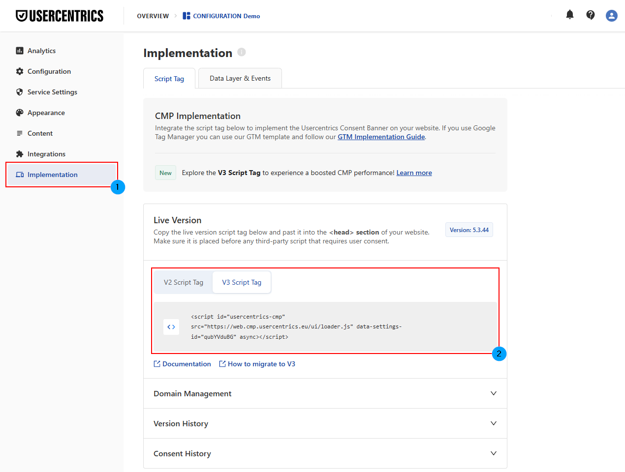 Implementation section of the Usercentrics Admin Interface