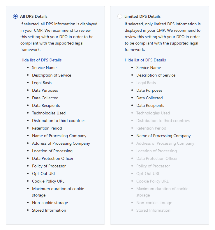 The Data Processing Service information section