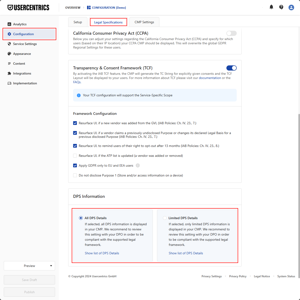 The Legal Specifications tab on the configuration screen