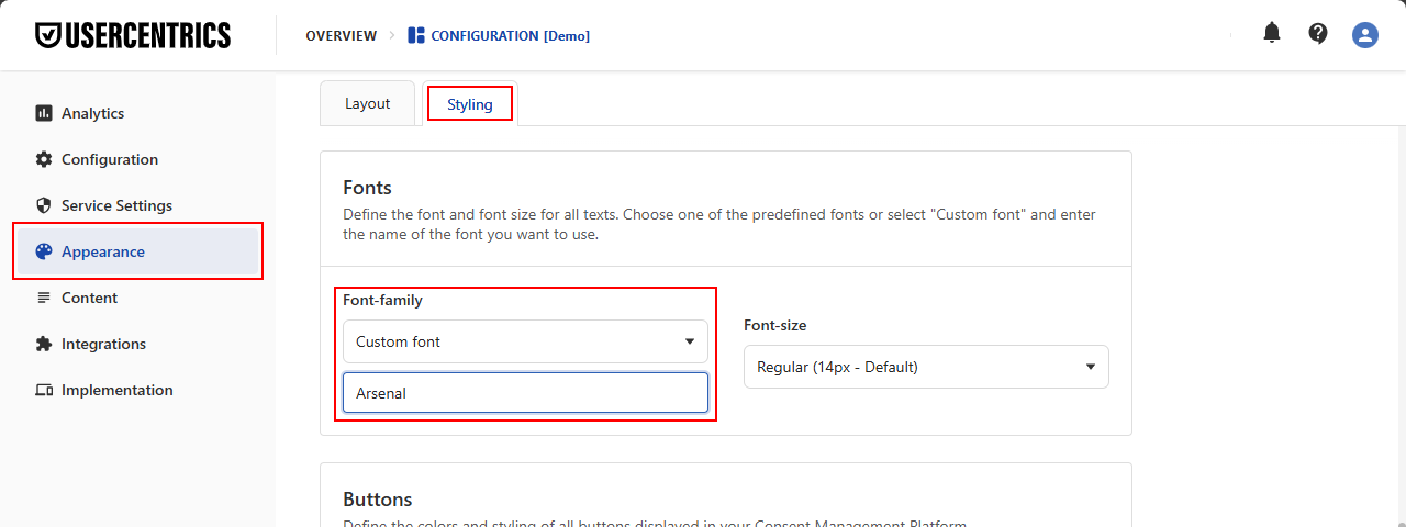 Custom fonts in the Usercentrics CMP Admin