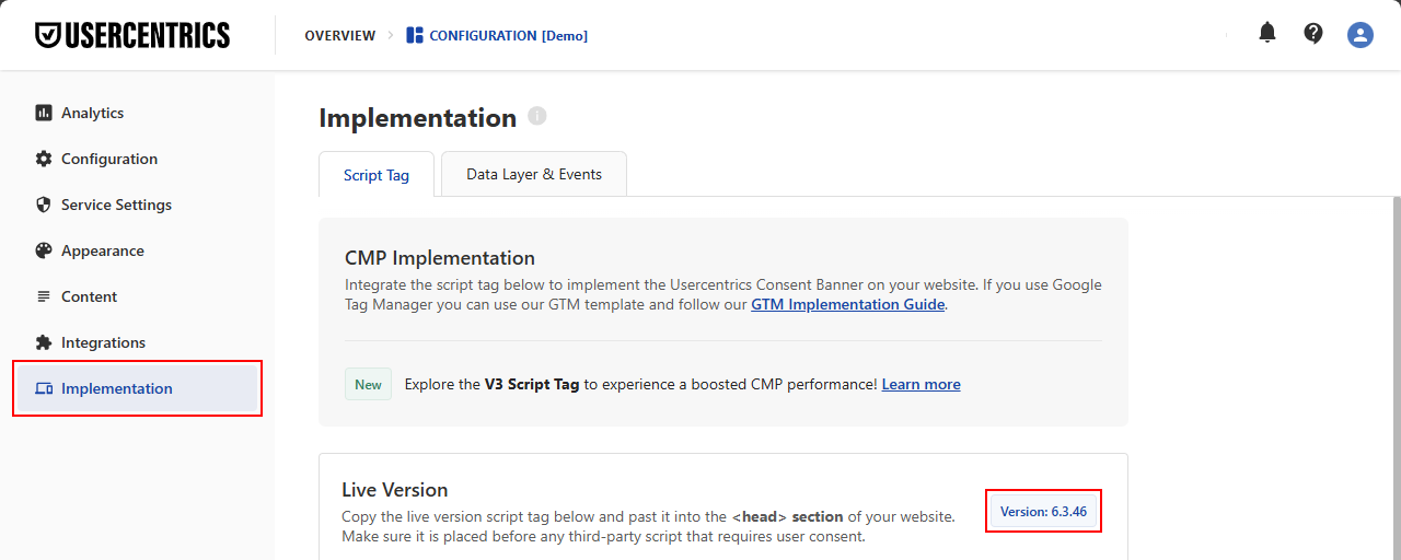 The live version of the Usercentrics CMP script in the Admin
