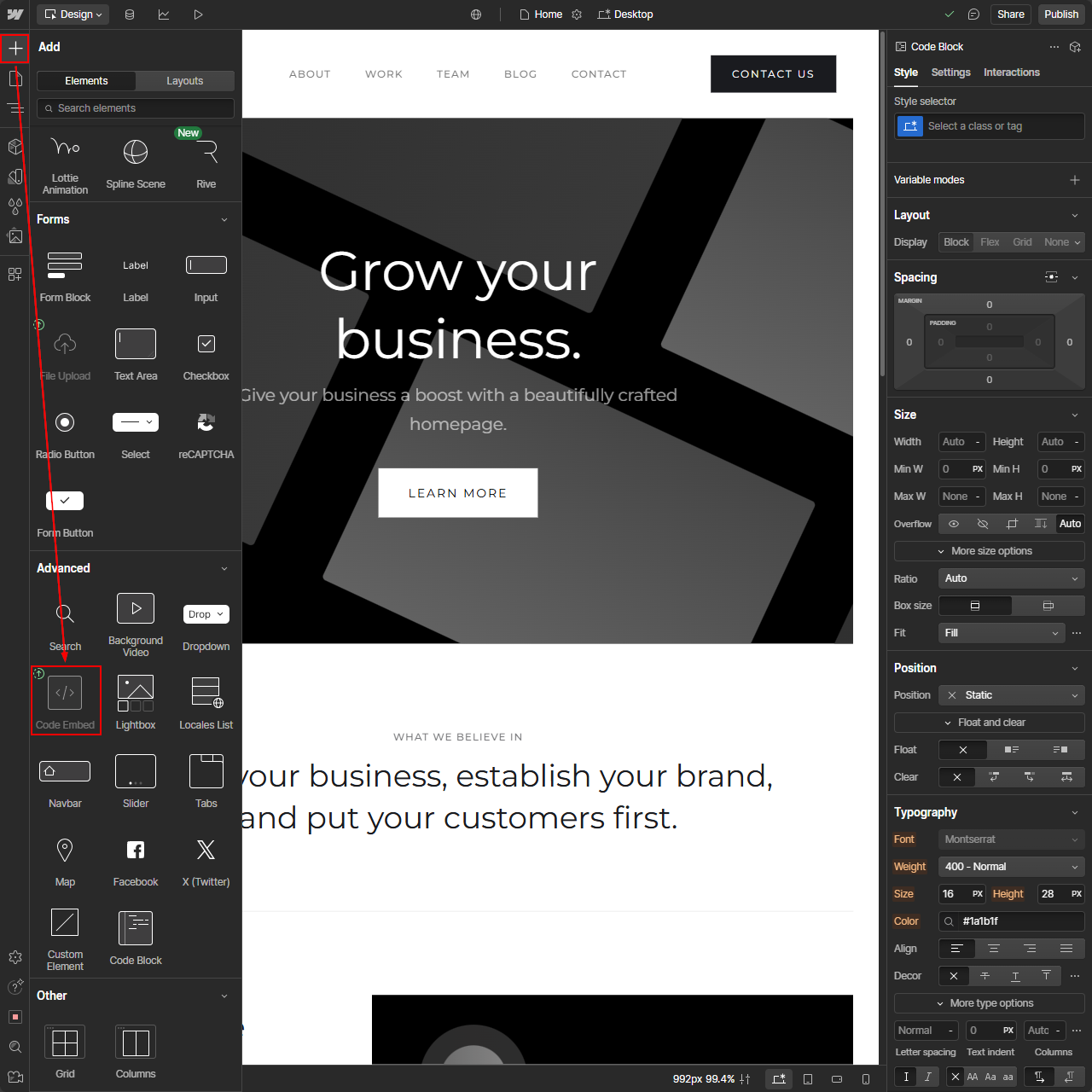 The Webflow design interface