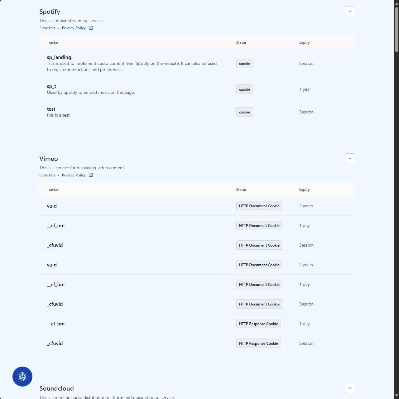 The Default tracker declaration view