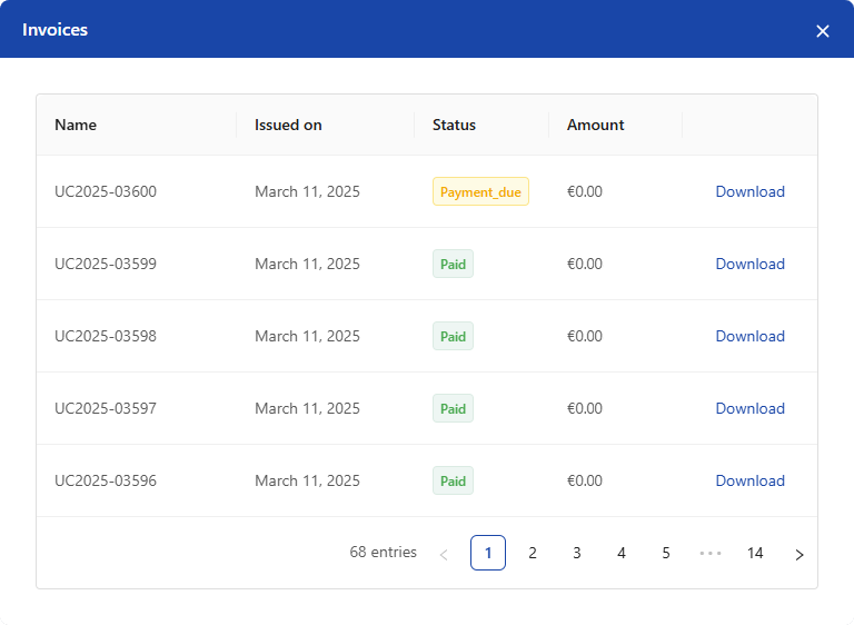 Invoices screen