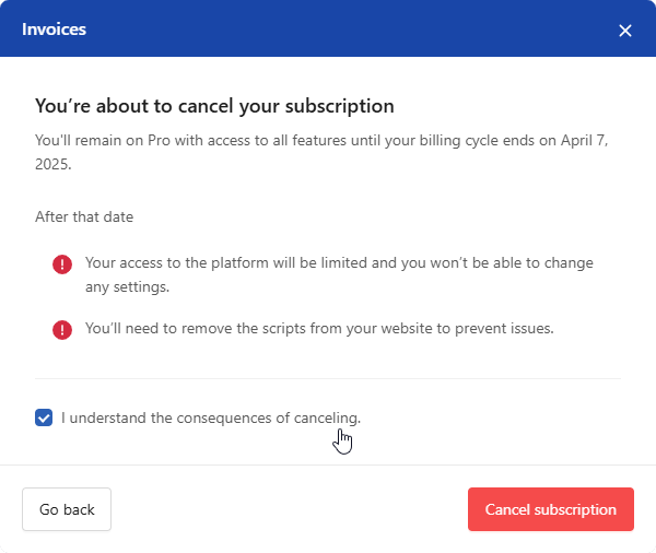 The cancellation confirmation screen