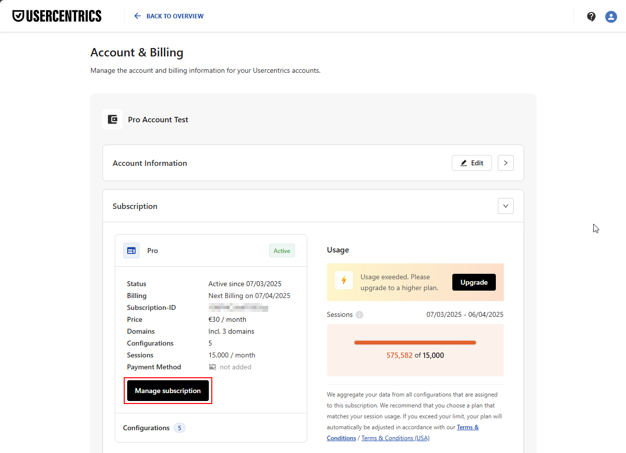 The Subscription section