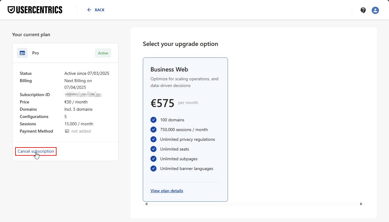 The subscription management screen