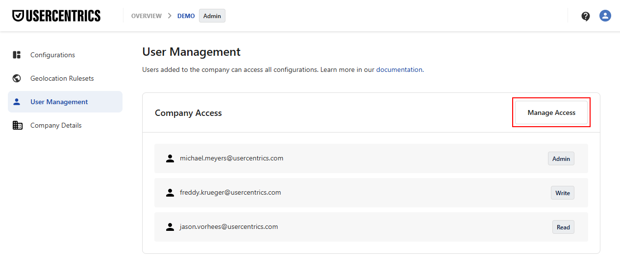 The User Management view in the Admin