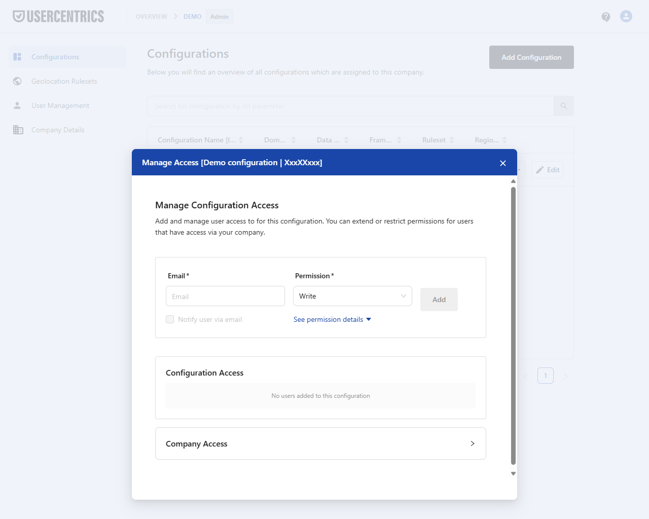 The configurations user management dialog
