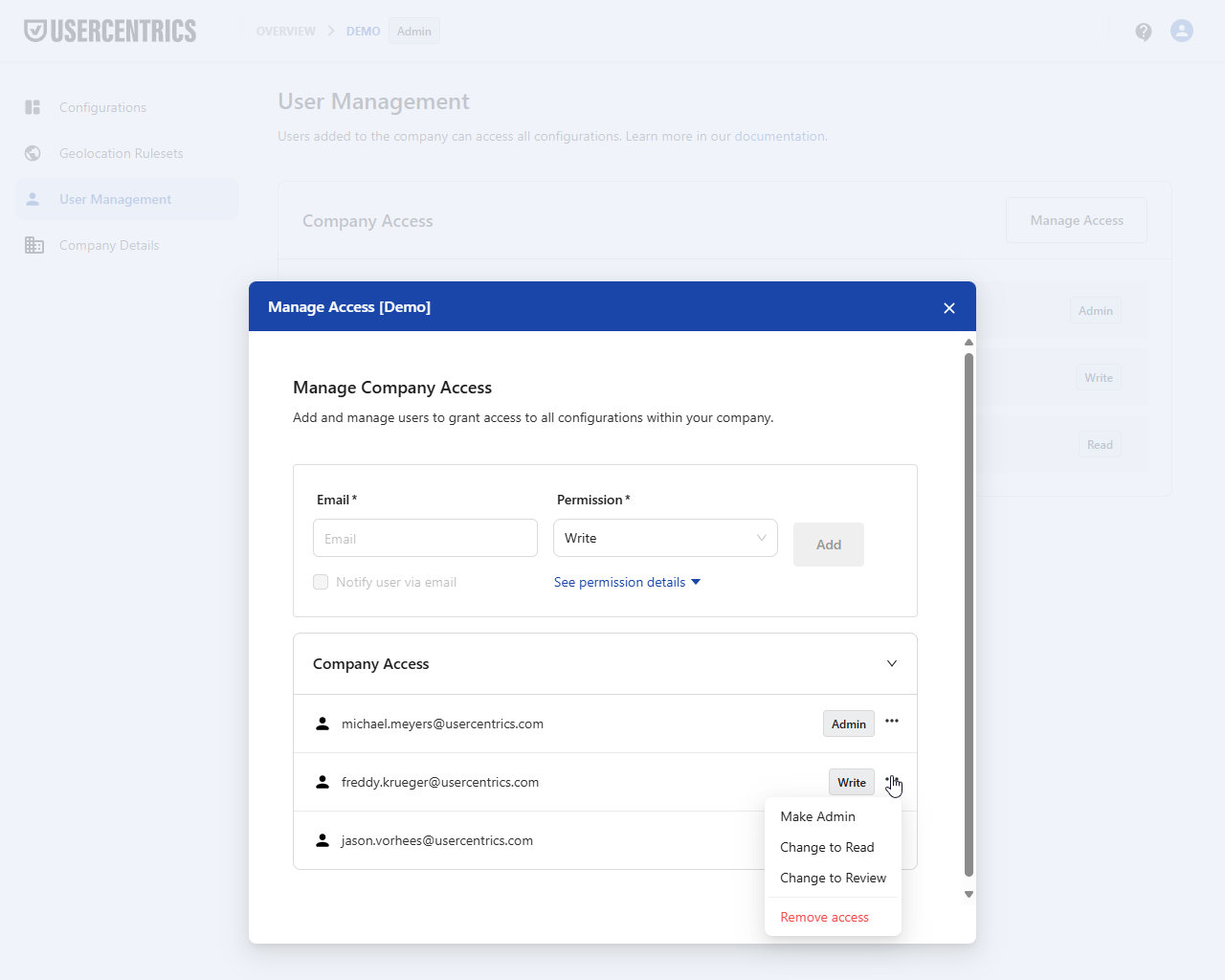 Access management dialog