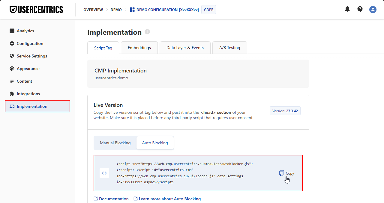 The Usercentrics Web CMP script in the Admin interface