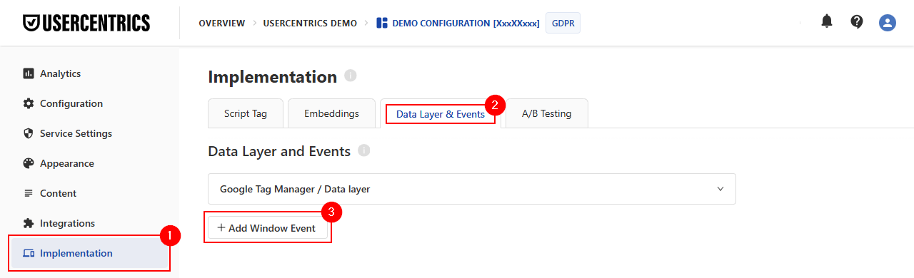 The Data Layer & Events section in the Admin interface
