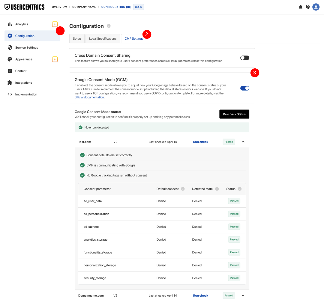 The Google Consent Mode sectio in the Admin interface